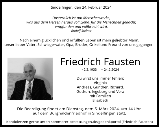Traueranzeige von Friedrich Fausten von Kreiszeitung Böblinger Bote