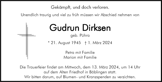 Traueranzeige von Gudrun Dirksen von Kreiszeitung Böblinger Bote