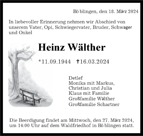 Traueranzeige von Heinz Wälther von Kreiszeitung Böblinger Bote