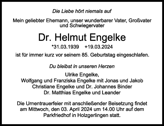 Traueranzeige von Helmut Engelke von Kreiszeitung Böblinger Bote