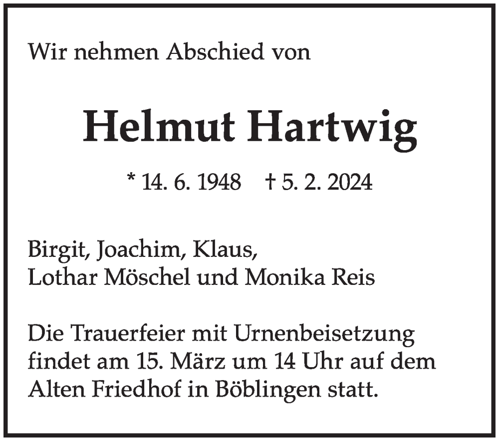  Traueranzeige für Helmut Hartwig vom 02.03.2024 aus Kreiszeitung Böblinger Bote