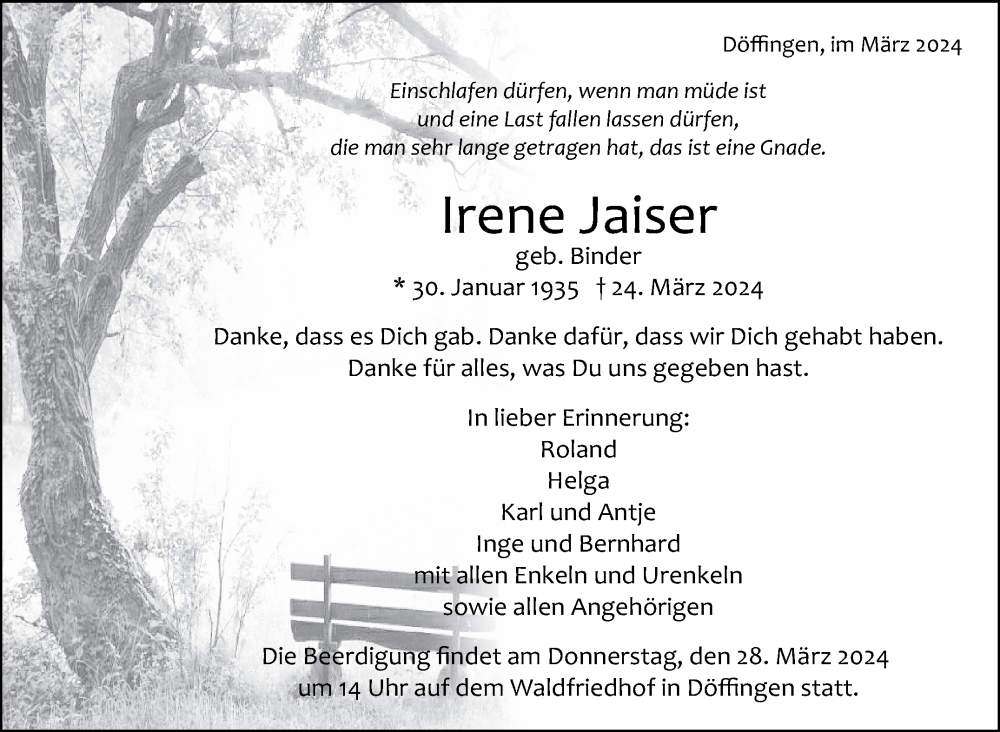  Traueranzeige für Irene Jaiser vom 27.03.2024 aus Kreiszeitung Böblinger Bote