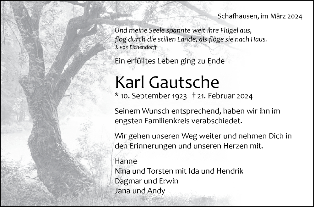  Traueranzeige für Karl Gautsche vom 21.03.2024 aus Kreiszeitung Böblinger Bote