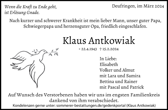 Traueranzeige von Klaus Antkowiak von Kreiszeitung Böblinger Bote