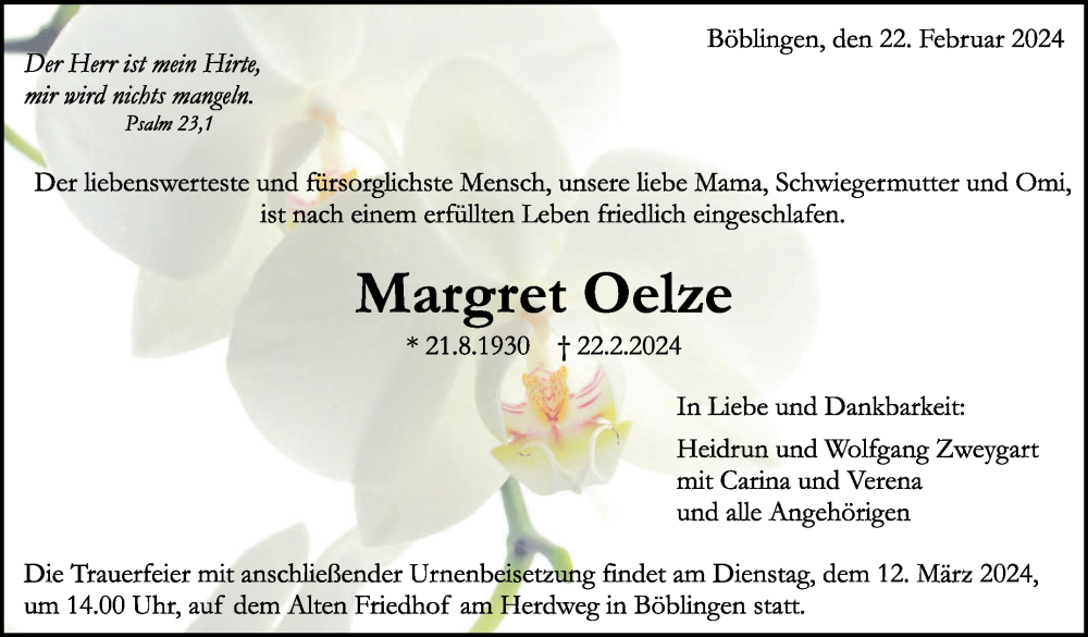  Traueranzeige für Margret Oelze vom 05.03.2024 aus Kreiszeitung Böblinger Bote