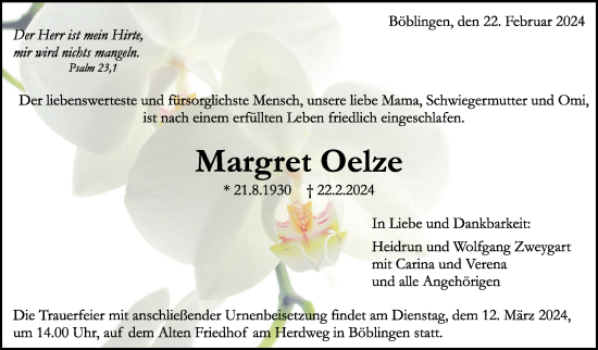 Traueranzeige von Margret Oelze von Kreiszeitung Böblinger Bote