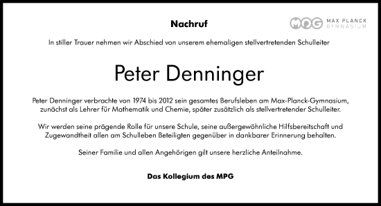 Traueranzeige von Peter Denninger von Kreiszeitung Böblinger Bote