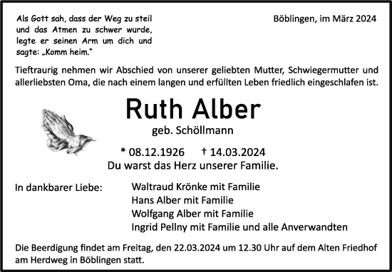 Traueranzeige von Ruth Alber von Kreiszeitung Böblinger Bote