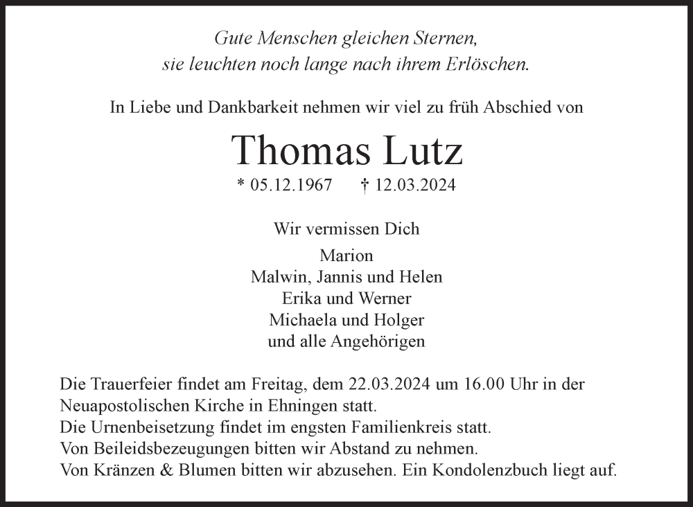  Traueranzeige für Thomas Lutz vom 19.03.2024 aus Kreiszeitung Böblinger Bote