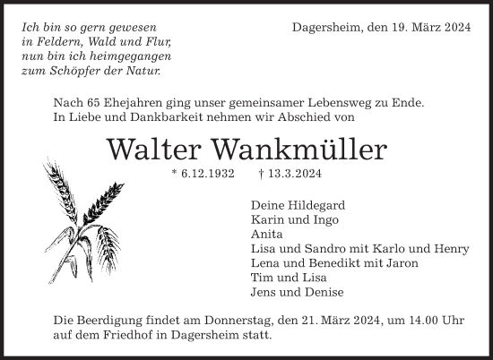 Traueranzeige von Walter Wankmüller von Kreiszeitung Böblinger Bote