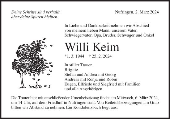 Traueranzeige von Willi Keim von Kreiszeitung Böblinger Bote