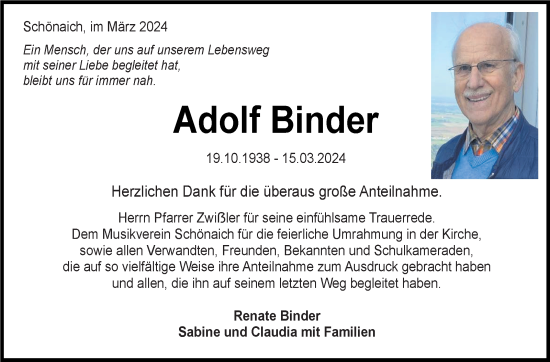 Traueranzeige von Adolf Binder von Kreiszeitung Böblinger Bote