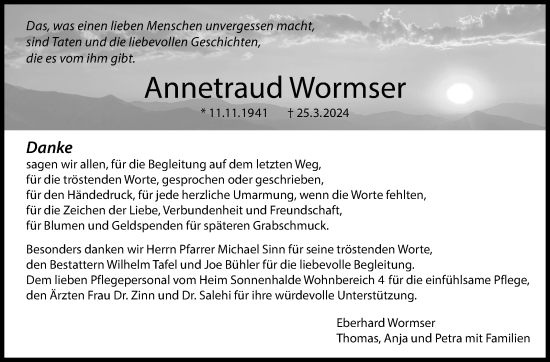 Traueranzeige von Annetraud Wormser von Kreiszeitung Böblinger Bote