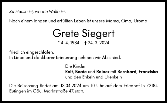 Traueranzeige von Grete Siegert von Kreiszeitung Böblinger Bote