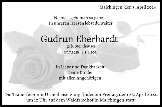 Traueranzeige von Gudrun Eberhardt von Kreiszeitung Böblinger Bote