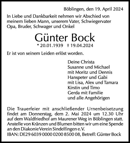 Traueranzeige von Günter Bock von Kreiszeitung Böblinger Bote