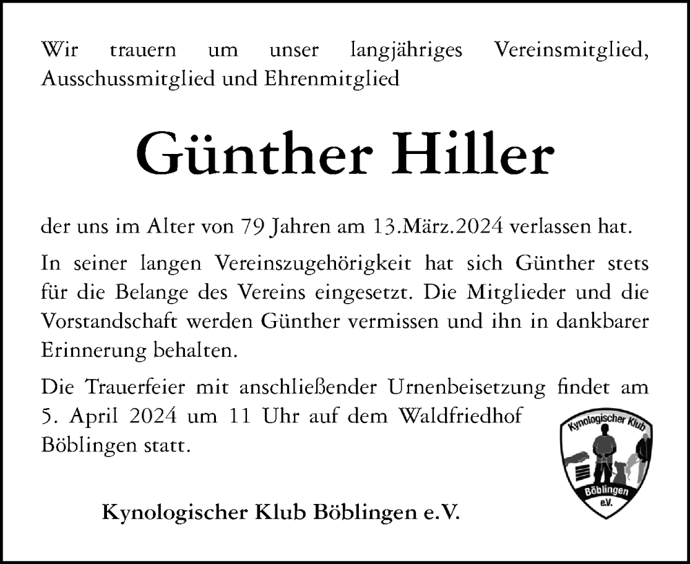  Traueranzeige für Günther Hiller vom 30.03.2024 aus Kreiszeitung Böblinger Bote