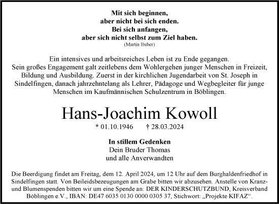 Traueranzeige von Hans-Joachim Kowoll von Kreiszeitung Böblinger Bote