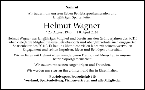 Traueranzeige von Helmut Wagner von Kreiszeitung Böblinger Bote