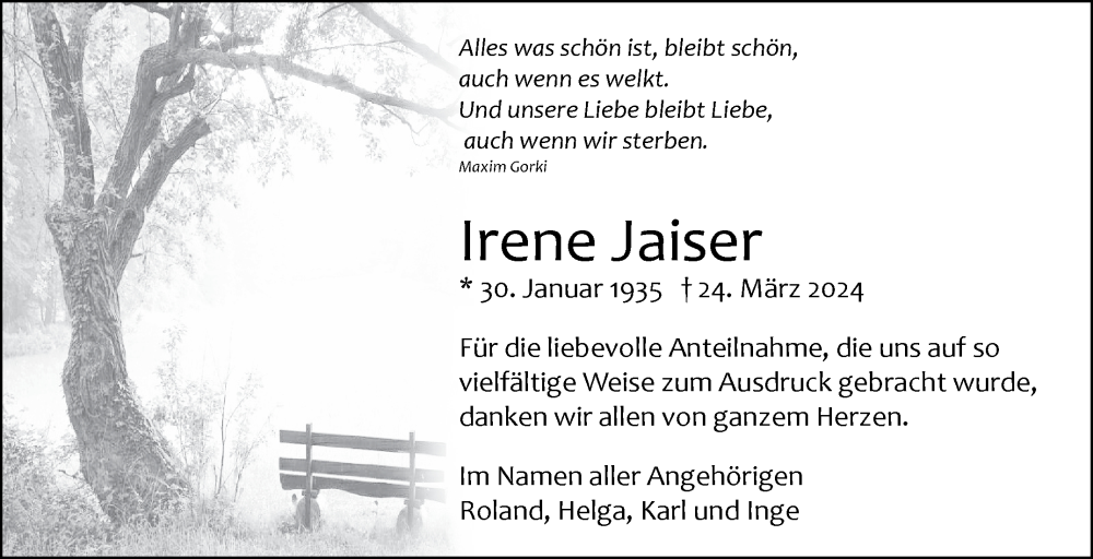  Traueranzeige für Irene Jaiser vom 09.04.2024 aus Kreiszeitung Böblinger Bote