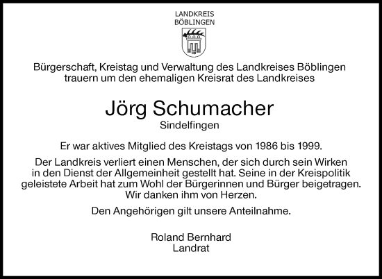 Traueranzeige von Jörg Schumacher von Kreiszeitung Böblinger Bote