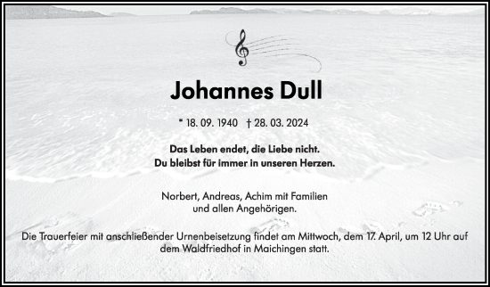 Traueranzeige von Johannes Dull von Kreiszeitung Böblinger Bote