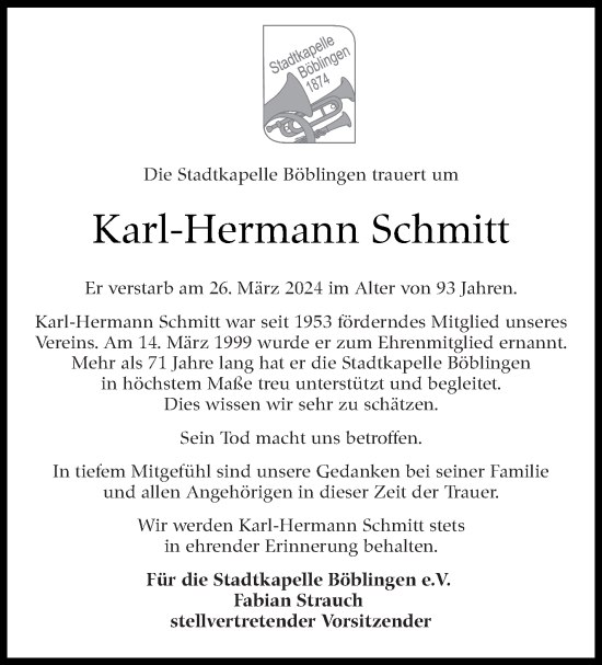 Traueranzeige von Karl-Hermann Schmitt von Kreiszeitung Böblinger Bote