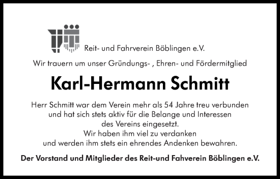 Traueranzeige von Karl-Hermann Schmitt von Kreiszeitung Böblinger Bote