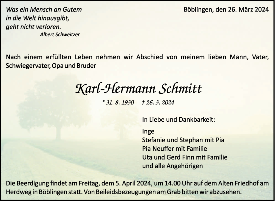 Traueranzeige von Karl-Hermann Schmitt von Kreiszeitung Böblinger Bote