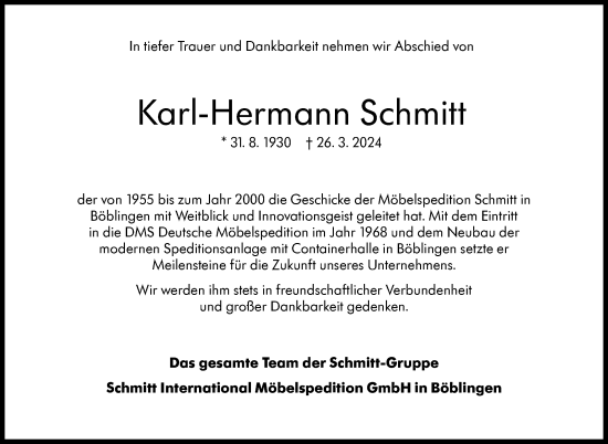 Traueranzeige von Karl-Hermann Schmitt von Kreiszeitung Böblinger Bote