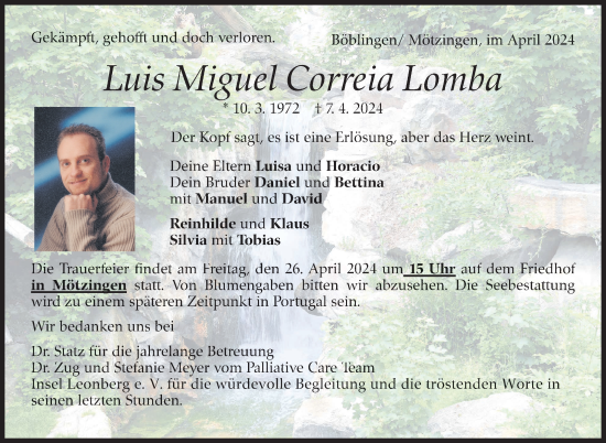 Traueranzeige von Luis Miguel Correia Lomba von Kreiszeitung Böblinger Bote