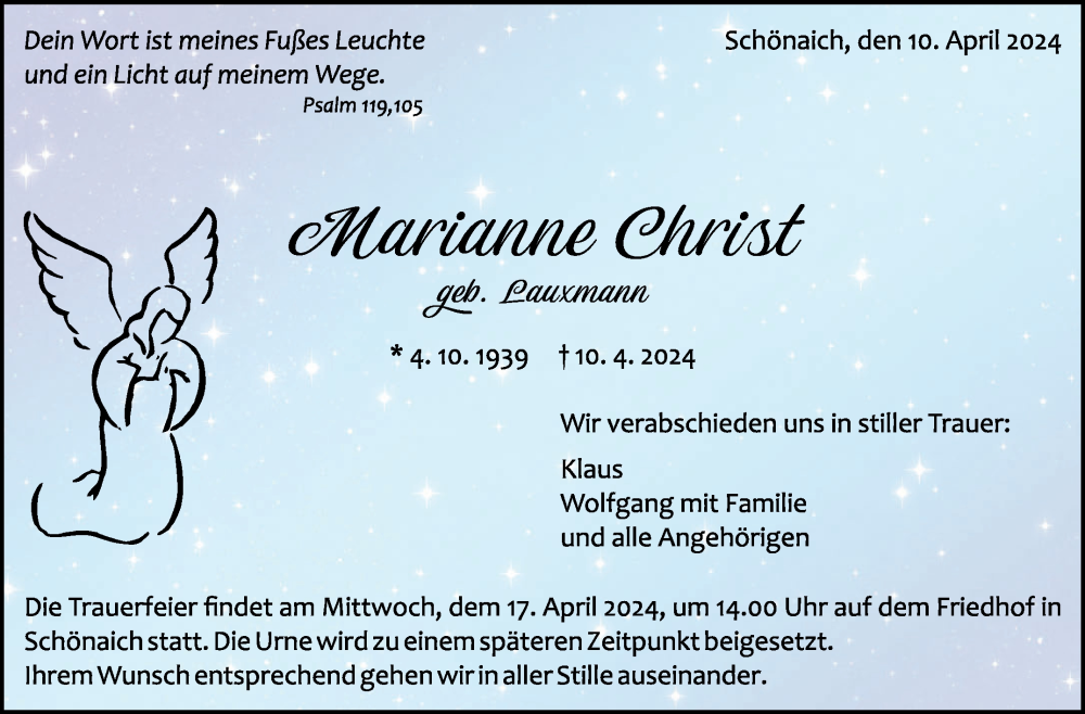  Traueranzeige für Marianne Christ vom 13.04.2024 aus Kreiszeitung Böblinger Bote