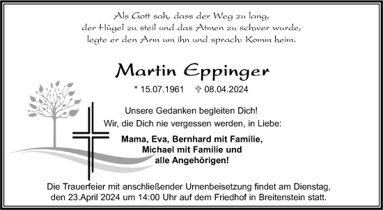 Traueranzeige von Martin Eppinger von Kreiszeitung Böblinger Bote