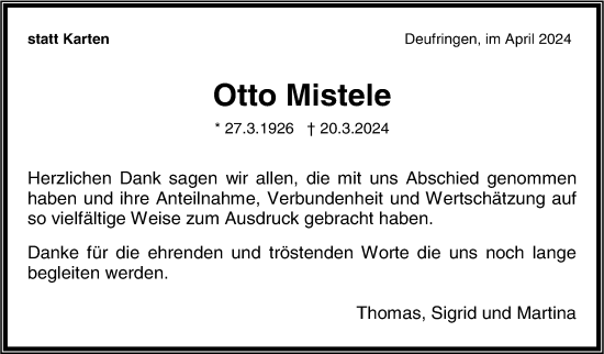 Traueranzeige von Otto Mistele von Kreiszeitung Böblinger Bote