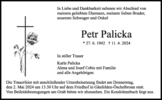 Traueranzeige von Petr Palicka von Kreiszeitung Böblinger Bote