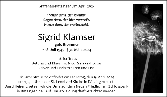 Traueranzeige von Sigrid Klamser von Kreiszeitung Böblinger Bote