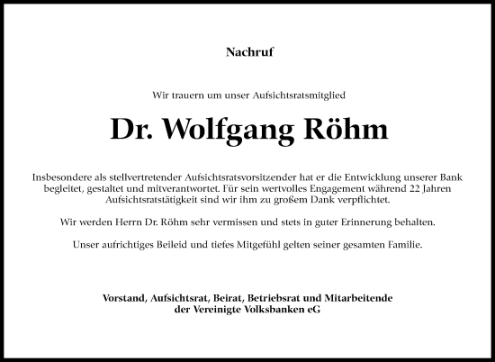 Traueranzeige von Wolfgang Röhm von Kreiszeitung Böblinger Bote
