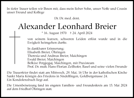 Traueranzeige von Alexander Leonhard Breier von Kreiszeitung Böblinger Bote