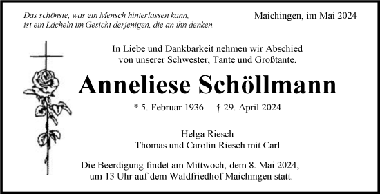 Traueranzeige von Anneliese Schöllmann von Kreiszeitung Böblinger Bote
