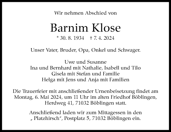 Traueranzeige von Barnim Klose von Kreiszeitung Böblinger Bote