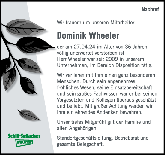 Traueranzeige von Dominik Wheeler von Kreiszeitung Böblinger Bote