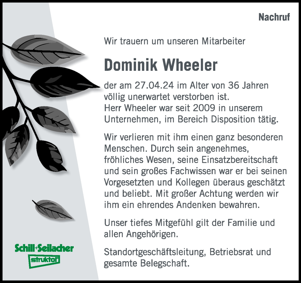  Traueranzeige für Dominik Wheeler vom 11.05.2024 aus Kreiszeitung Böblinger Bote