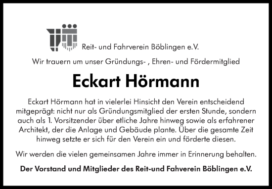 Traueranzeige von Eckart Hörmann von Kreiszeitung Böblinger Bote