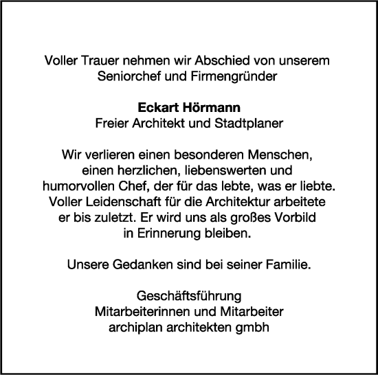 Traueranzeige von Eckart Hörmann von Kreiszeitung Böblinger Bote