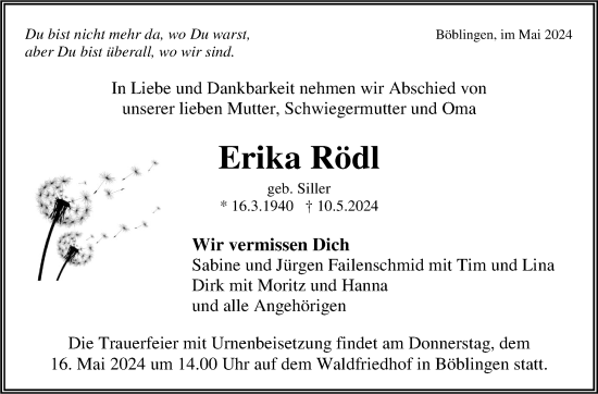 Traueranzeige von Erika Rödl von Kreiszeitung Böblinger Bote