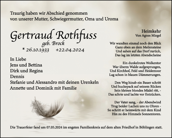 Traueranzeige von Gertraud Rothfuss von Kreiszeitung Böblinger Bote