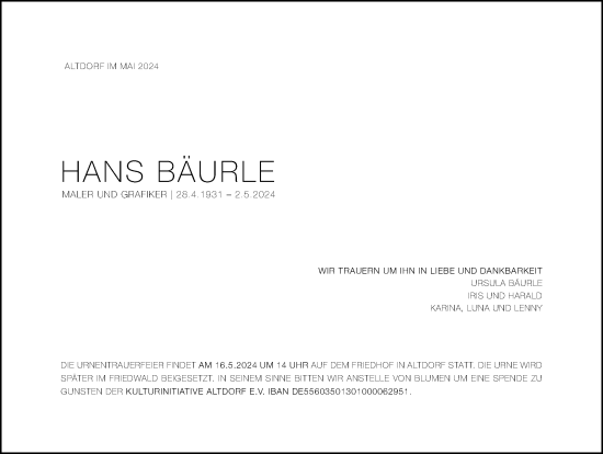 Traueranzeige von Hans Bäurle von Kreiszeitung Böblinger Bote