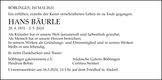 Traueranzeige von Hans Bäurle von Kreiszeitung Böblinger Bote