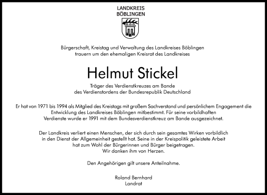Traueranzeige von Helmut Stickel von Kreiszeitung Böblinger Bote