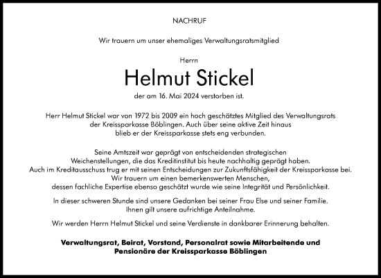 Traueranzeige von Helmut Stickel von Kreiszeitung Böblinger Bote